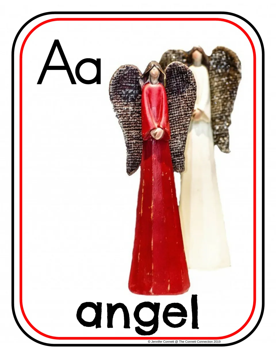 Letter A photograph poster/card showing uppercase A, lowercase a, and two angel figurines labeled 'angel'