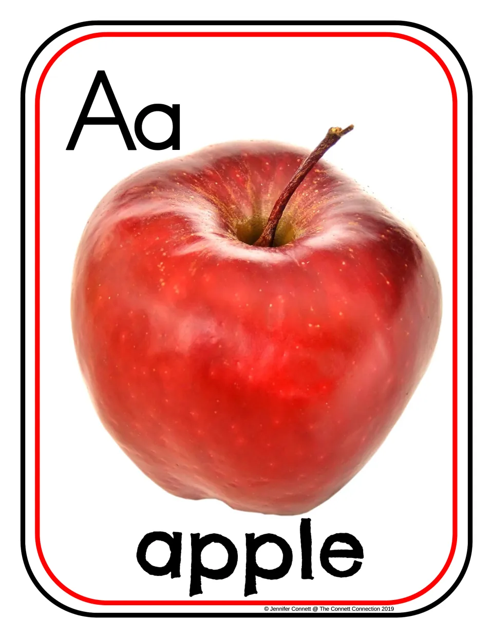 Letter A photograph poster/card showing uppercase A, lowercase a, and a red apple labeled with the word 'apple'