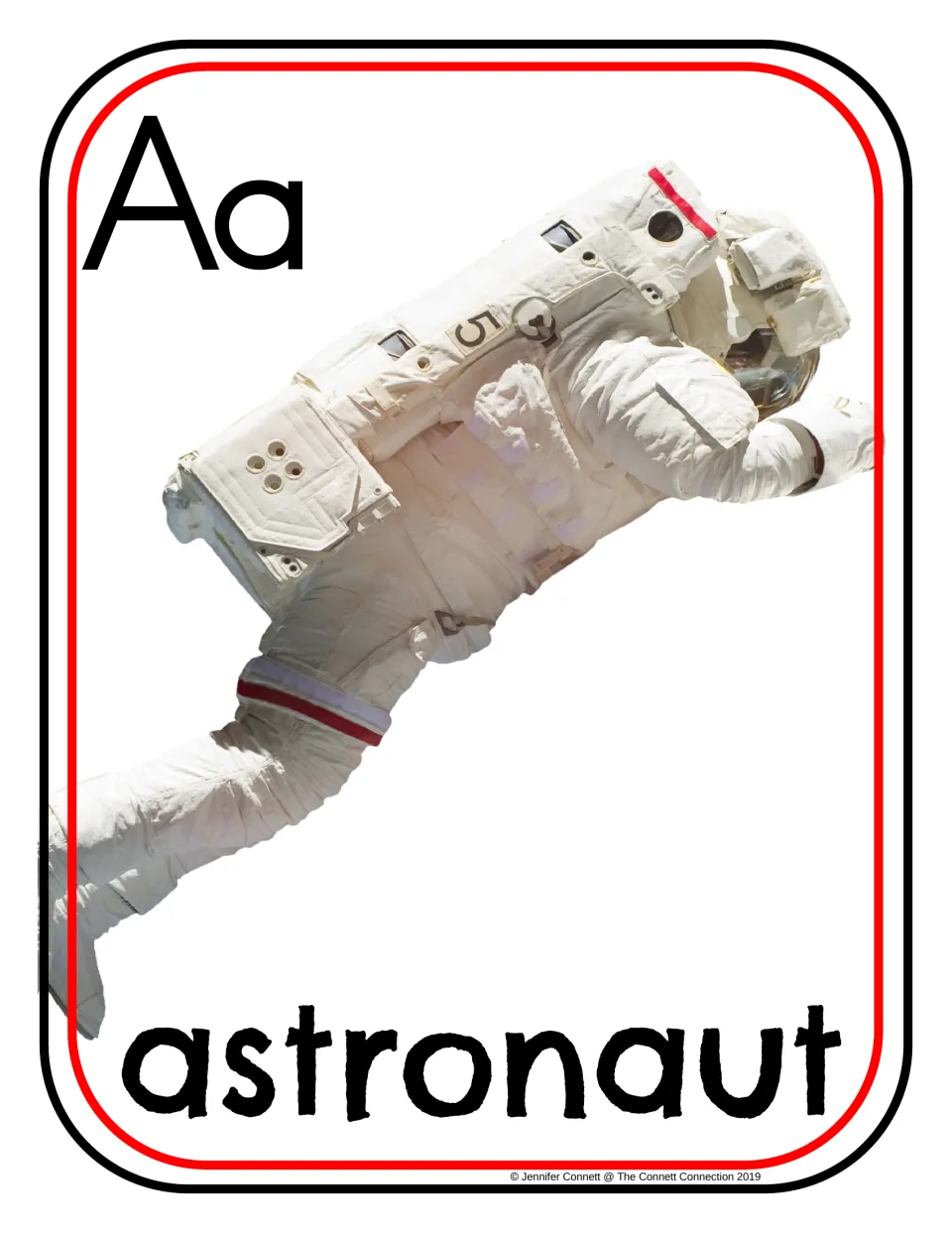 Letter A photograph poster/card showing uppercase A, lowercase a, and an astronaut labeled 'astronaut'
