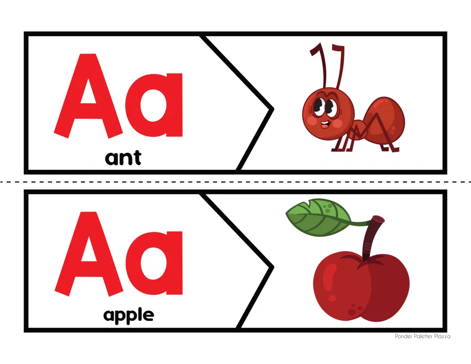 Letter A beginning sound puzzles: students cut and match Aa word pieces for ant and apple to their pictures