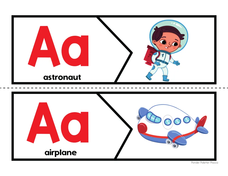 Aa beginning sound match: students join two-piece puzzles pairing the words astronaut and airplane with pictures