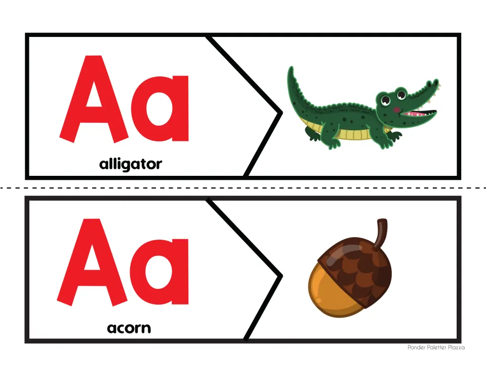 Initial A sound puzzles: students cut apart and join Aa pieces for alligator and acorn with matching pictures