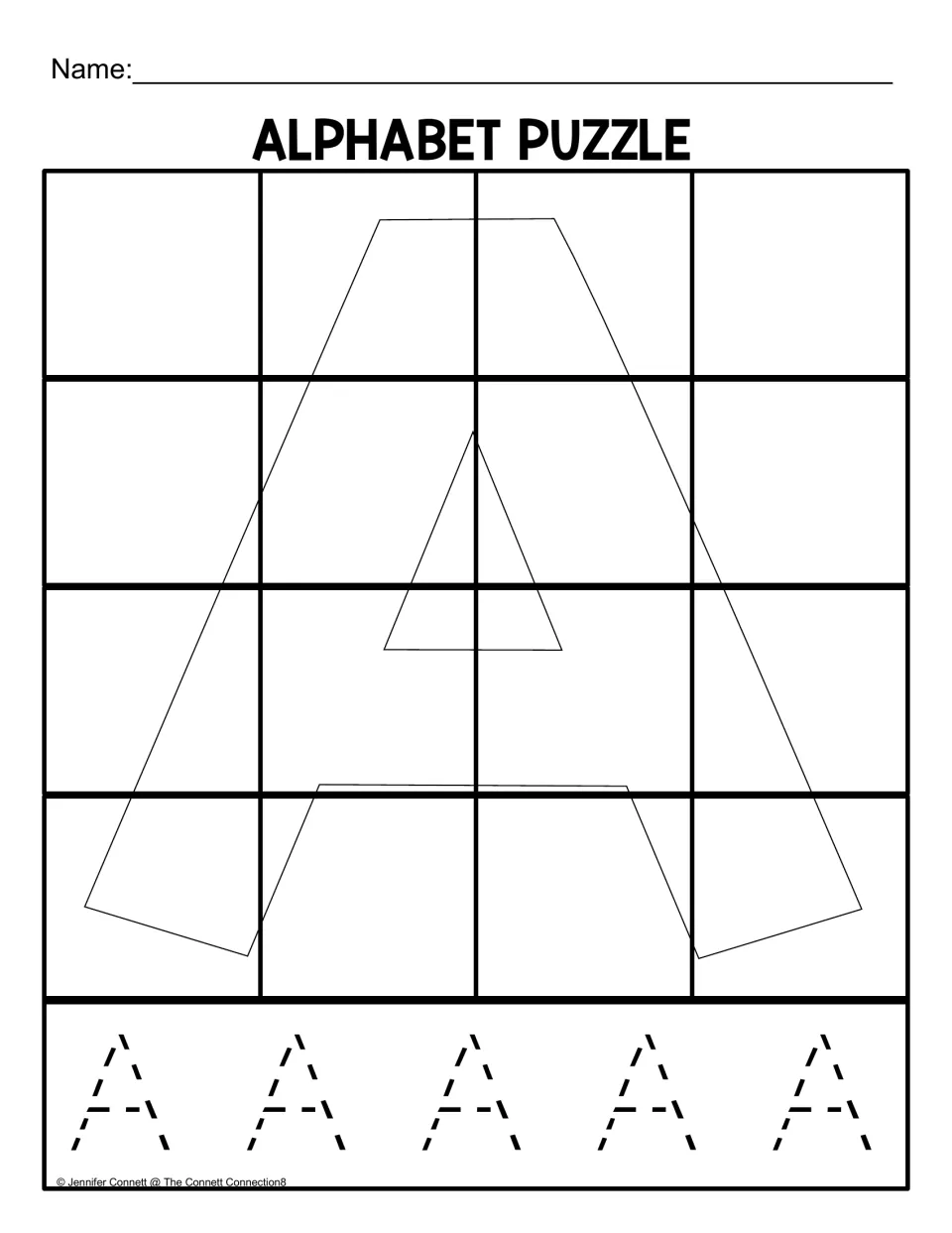 Uppercase A puzzle mat for 16 pieces, featuring a large letter outline and five uppercase A letters to trace