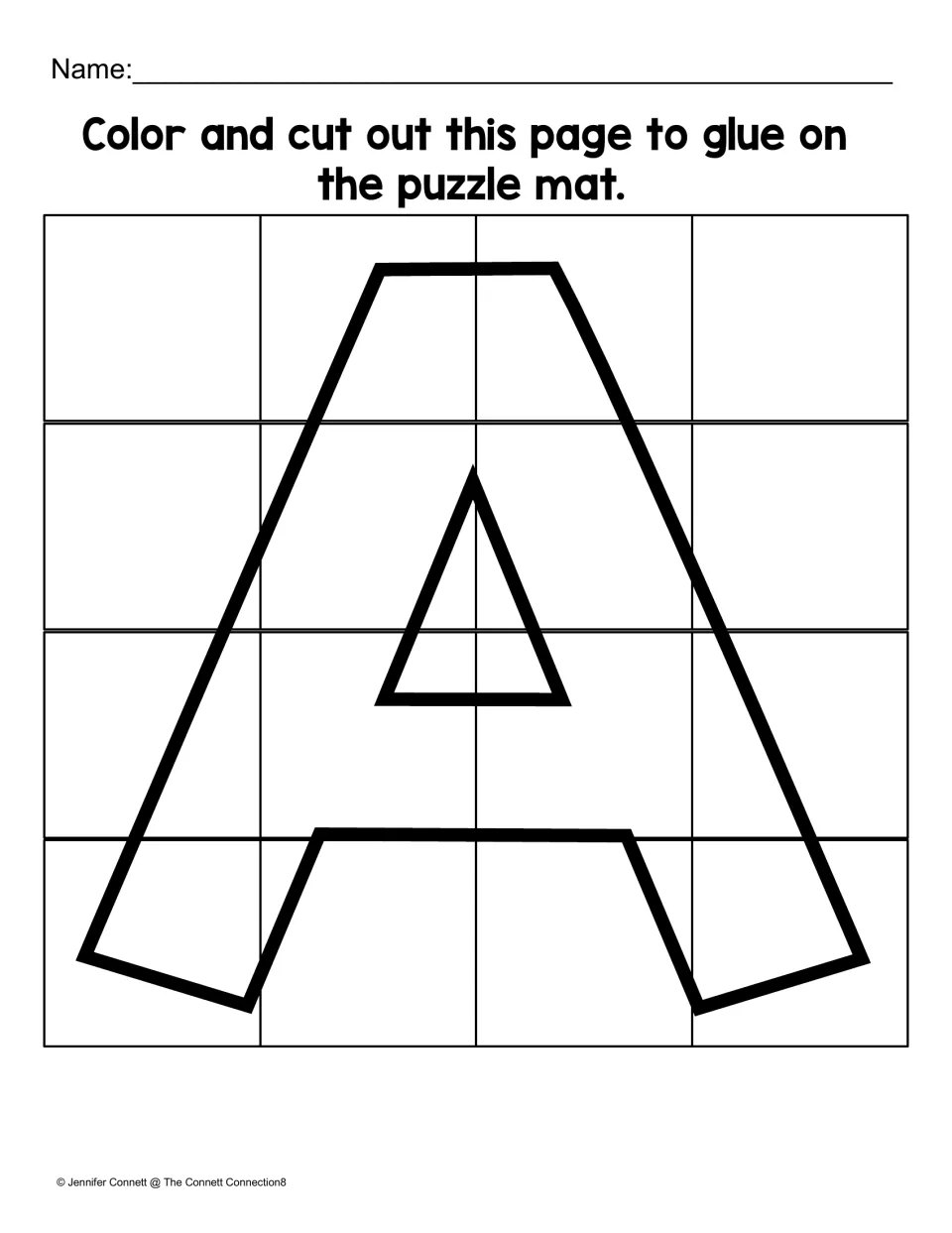 Uppercase A cut-out sheet with 16 puzzle pieces to color, cut apart, and glue onto the matching letter mat