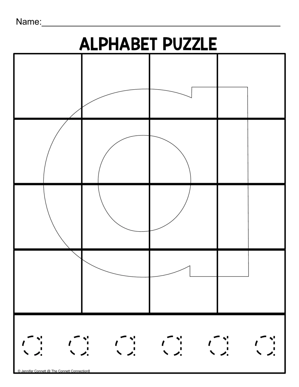 Lowercase a puzzle mat for 16 pieces, featuring a large letter outline and six lowercase a letters to trace