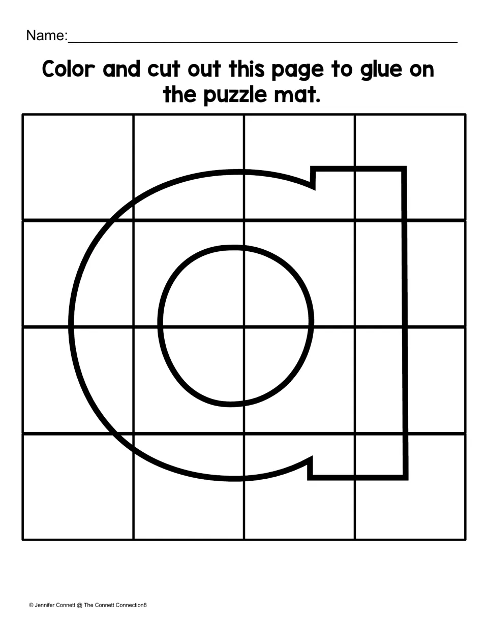 Lowercase a cut-out sheet with 16 puzzle pieces to color, cut apart, and glue onto the matching letter mat