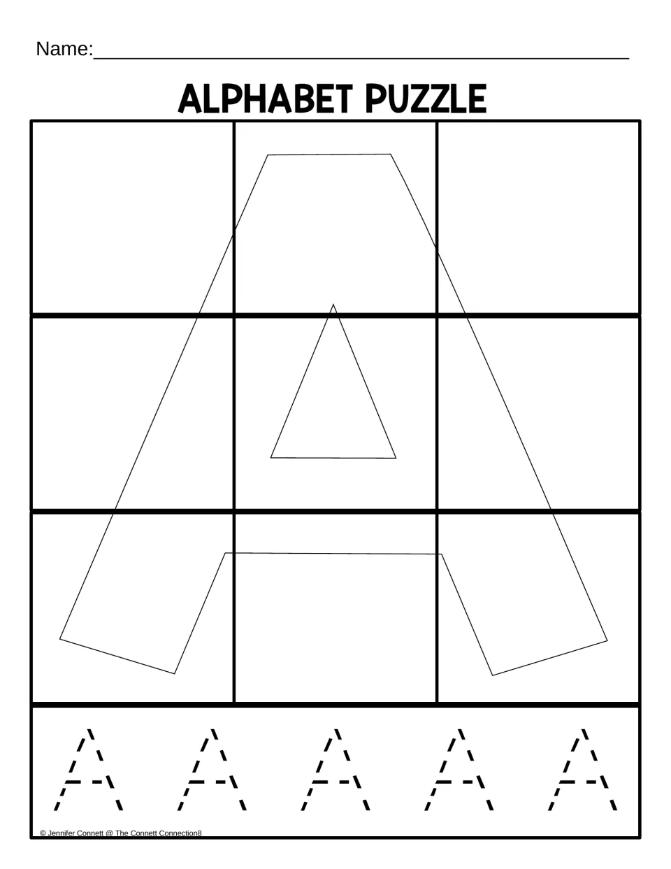 Uppercase A puzzle mat for 9 pieces, featuring a large letter outline and five uppercase A letters to trace