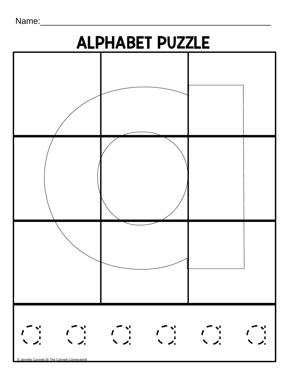 Lowercase a puzzle mat for 9 pieces, featuring a large letter outline and six lowercase a letters to trace