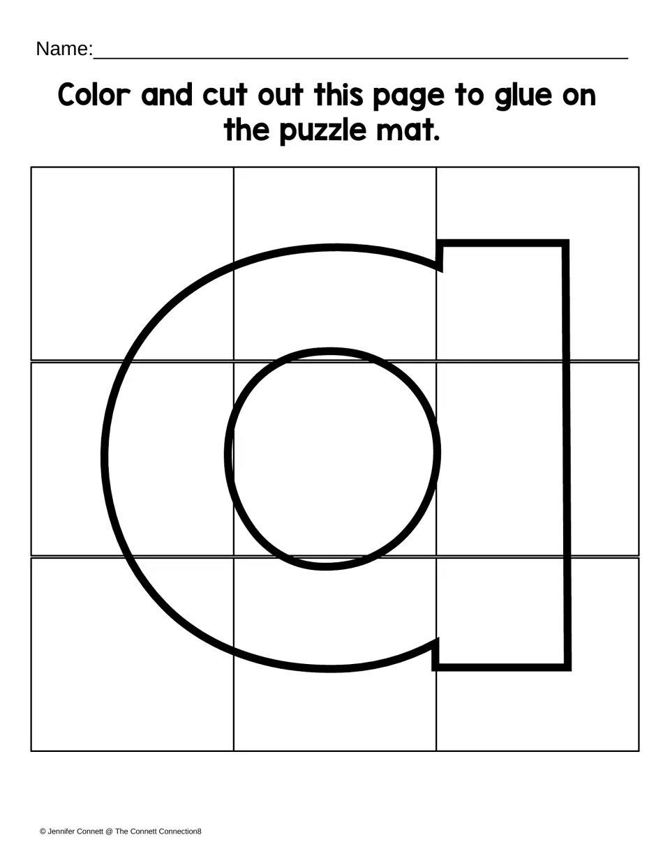 Lowercase a cut-out sheet with 9 puzzle pieces to color, cut apart, and glue onto the matching letter mat