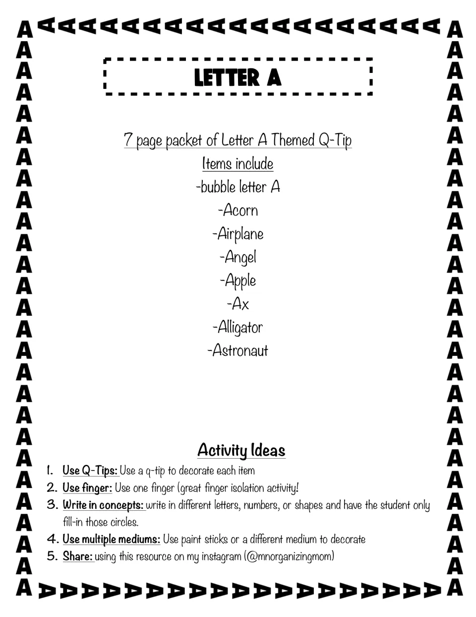 Letter A dot-art set listing bubble A, acorn, airplane, angel, apple, ax, alligator, astronaut and 5 activity ideas