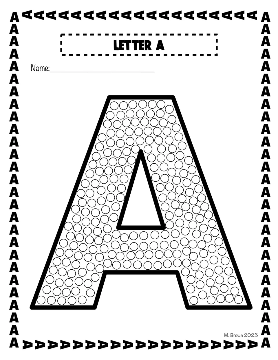 Bubble letter A filled with small circles: students dab each circle with a Q-tip to trace the shape of capital A