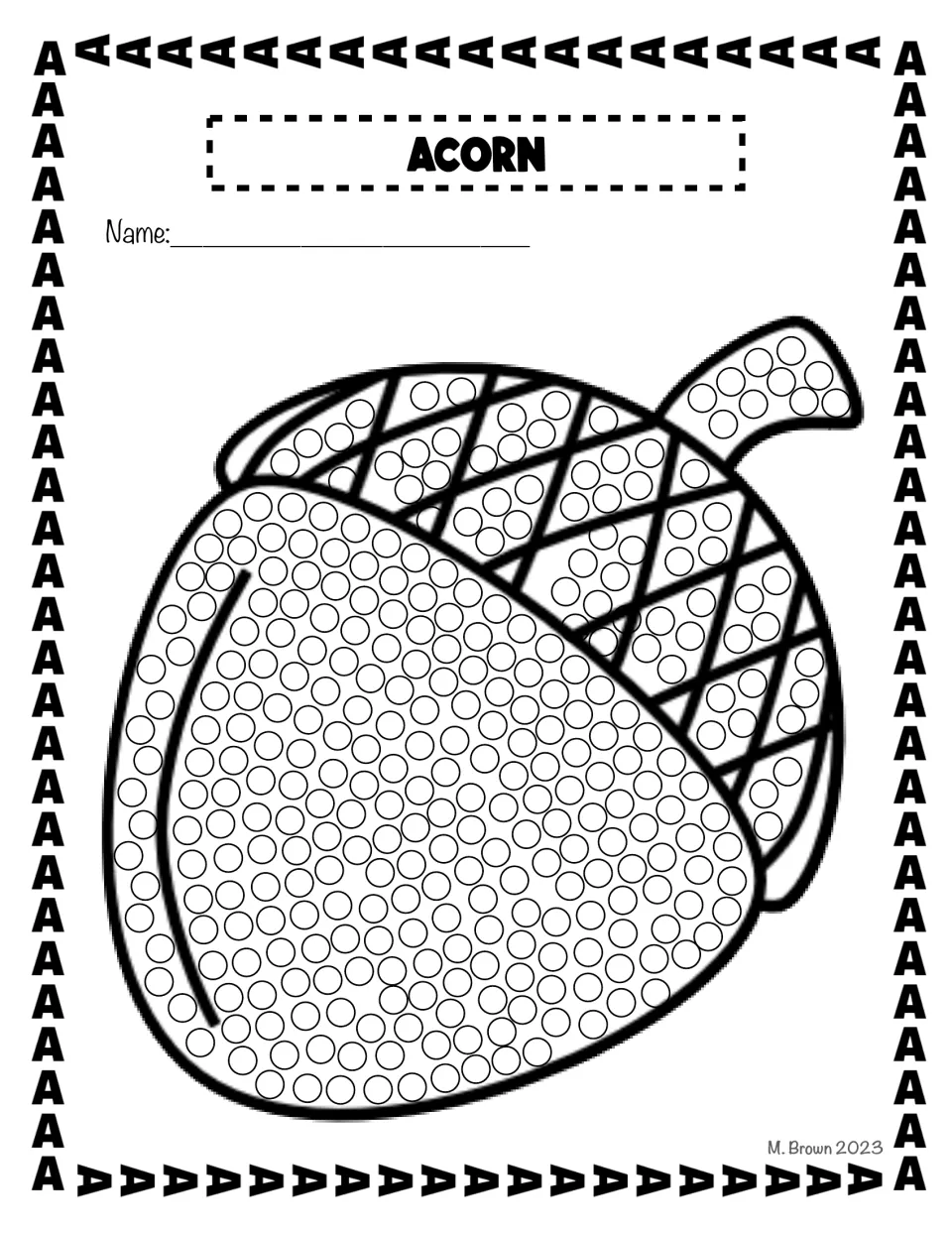 Acorn dot page: children press a Q-tip into each circle on the acorn's nut, cap and stem
