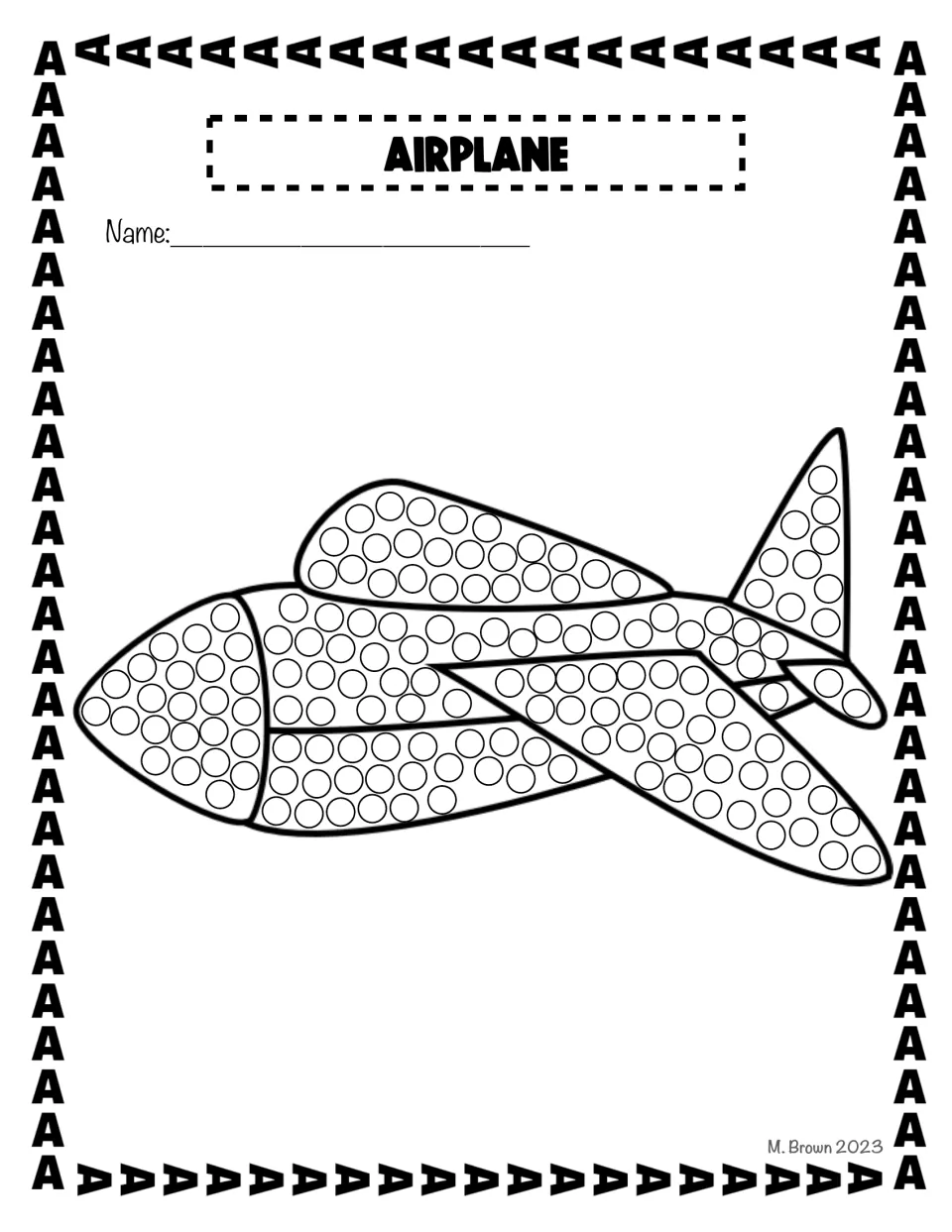 Airplane dot page: learners fill the circles on the plane's body, wings and tail with paint dots using a cotton swab