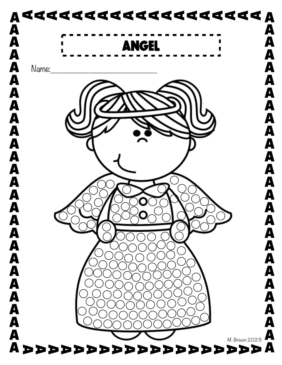 Angel dot page: a girl with a halo whose dress, wings and hands hold circles for students to dab with paint