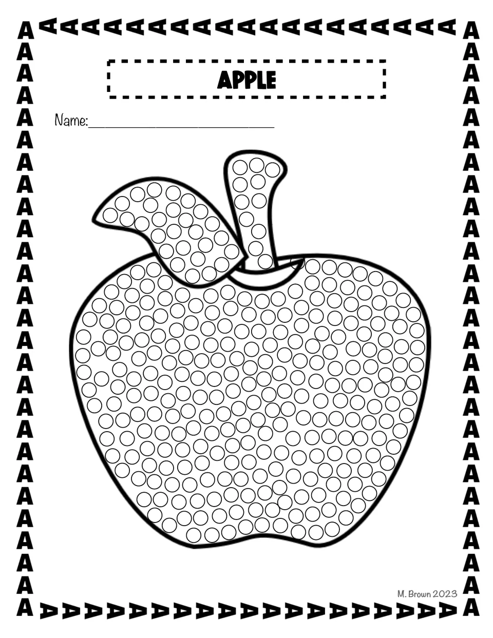 Apple dot page: students dab paint into every circle on the apple, its leaf and its stem