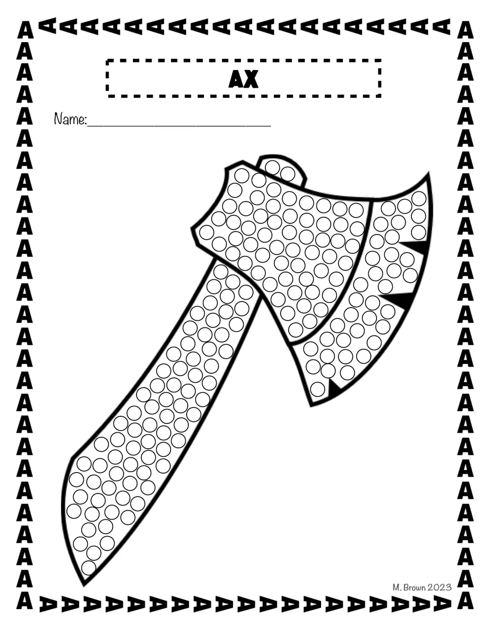 Ax dot page: children dot the circles along the handle and the blade of an ax with a fingertip or swab
