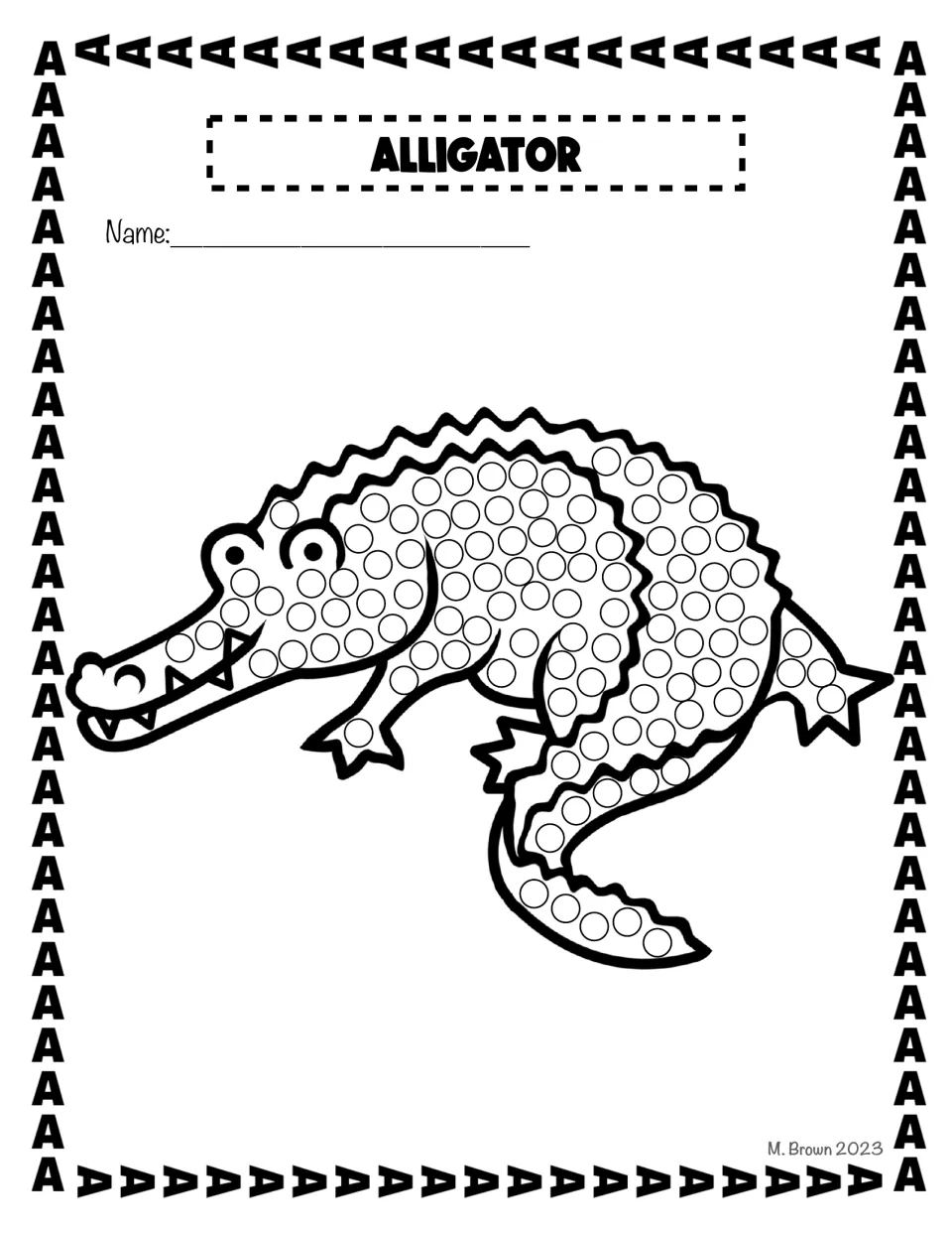 Alligator dot page: students fill the circles on a toothy alligator's back, legs and tail with paint dots