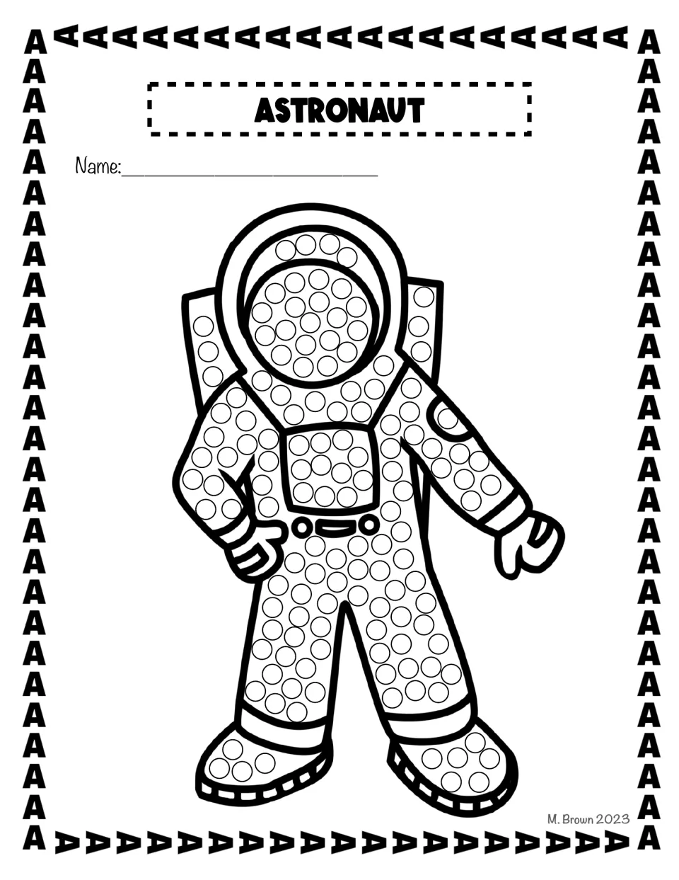 Astronaut dot page: learners dab paint into the circles on a space suit, helmet, backpack and boots