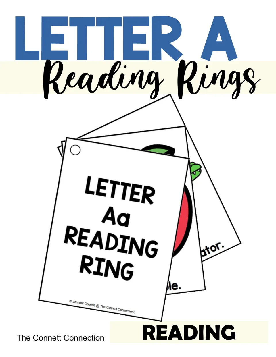 Letter A Reading Rings cover: cards showing an Aa title card plus apple and alligator cards, by The Connett Connection