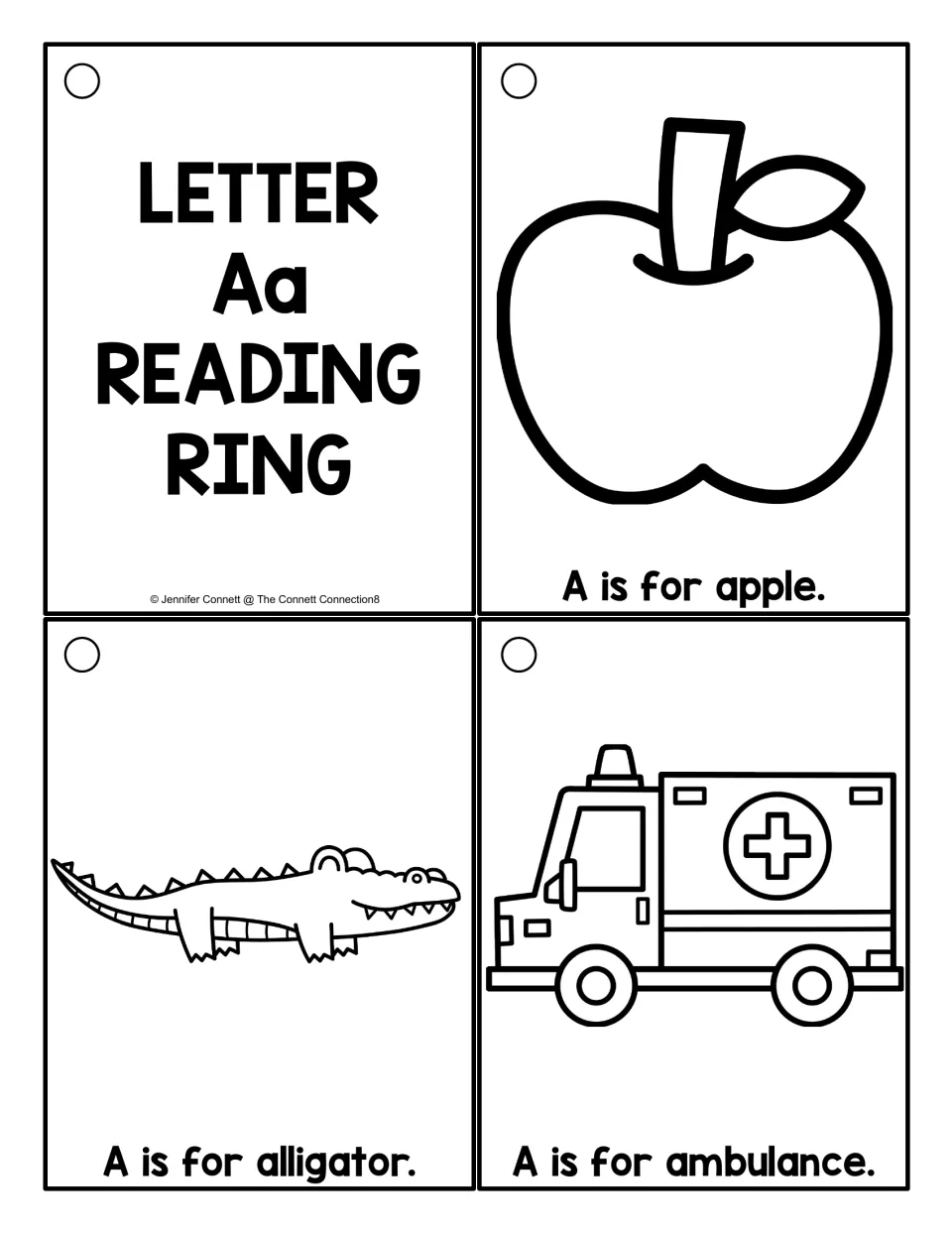 Letter Aa cards in black and white: a title card plus apple, alligator and ambulance cards to color and read A sentences
