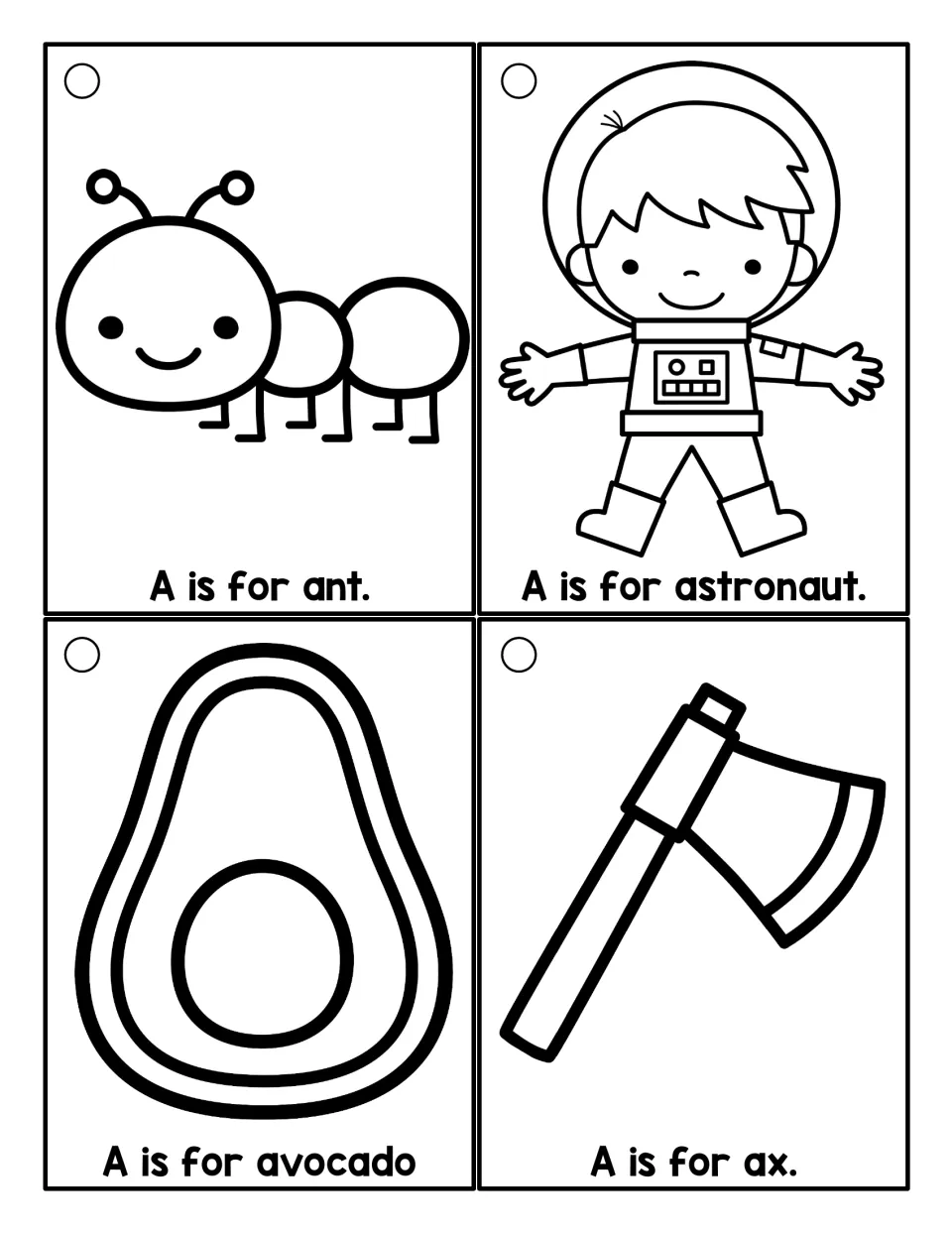Beginning A sound cards to color: ant, astronaut, avocado and ax, each with an "A is for" sentence for children to read