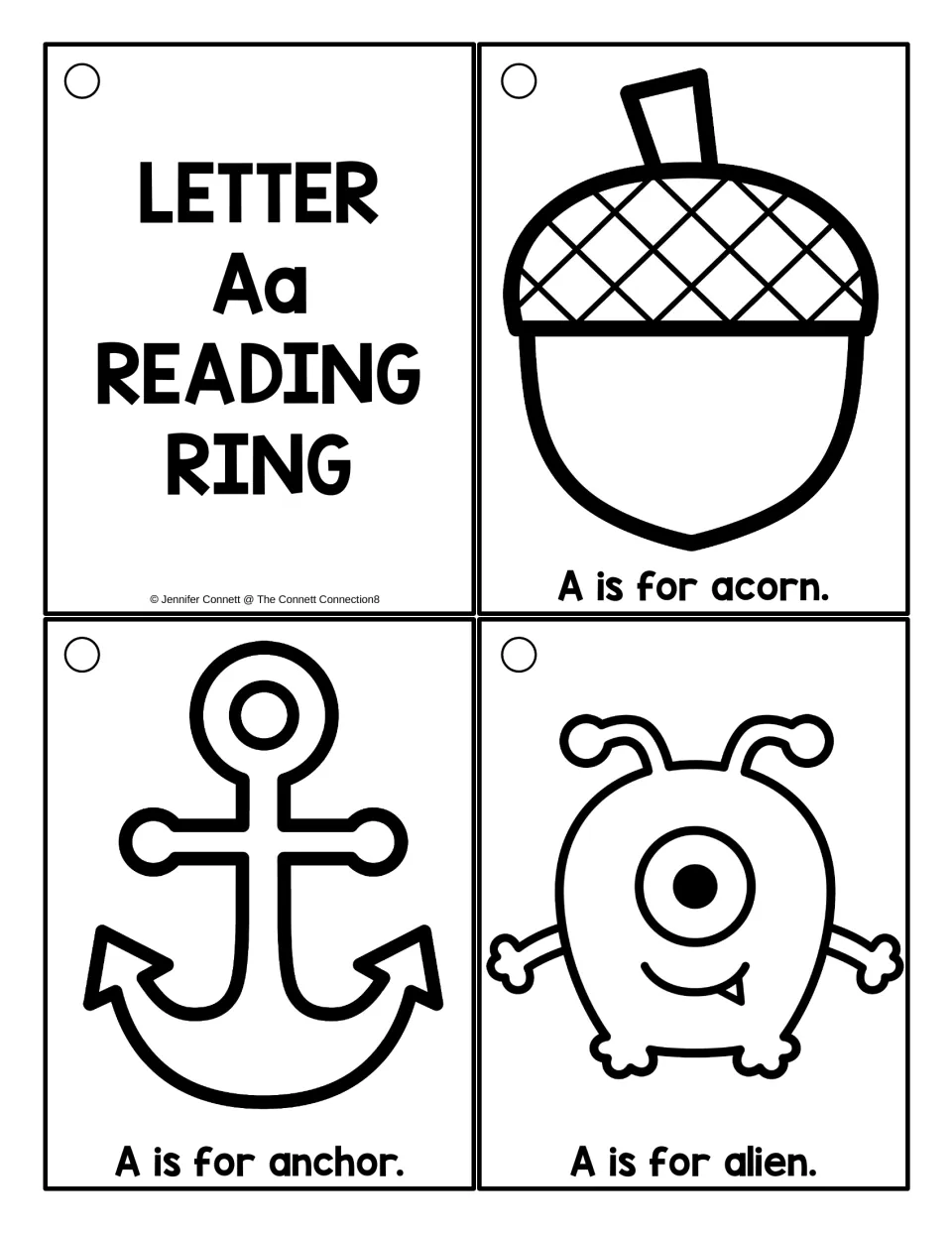 Second Aa title card in black and white with acorn, anchor and alien pictures and an "A is for" sentence under each
