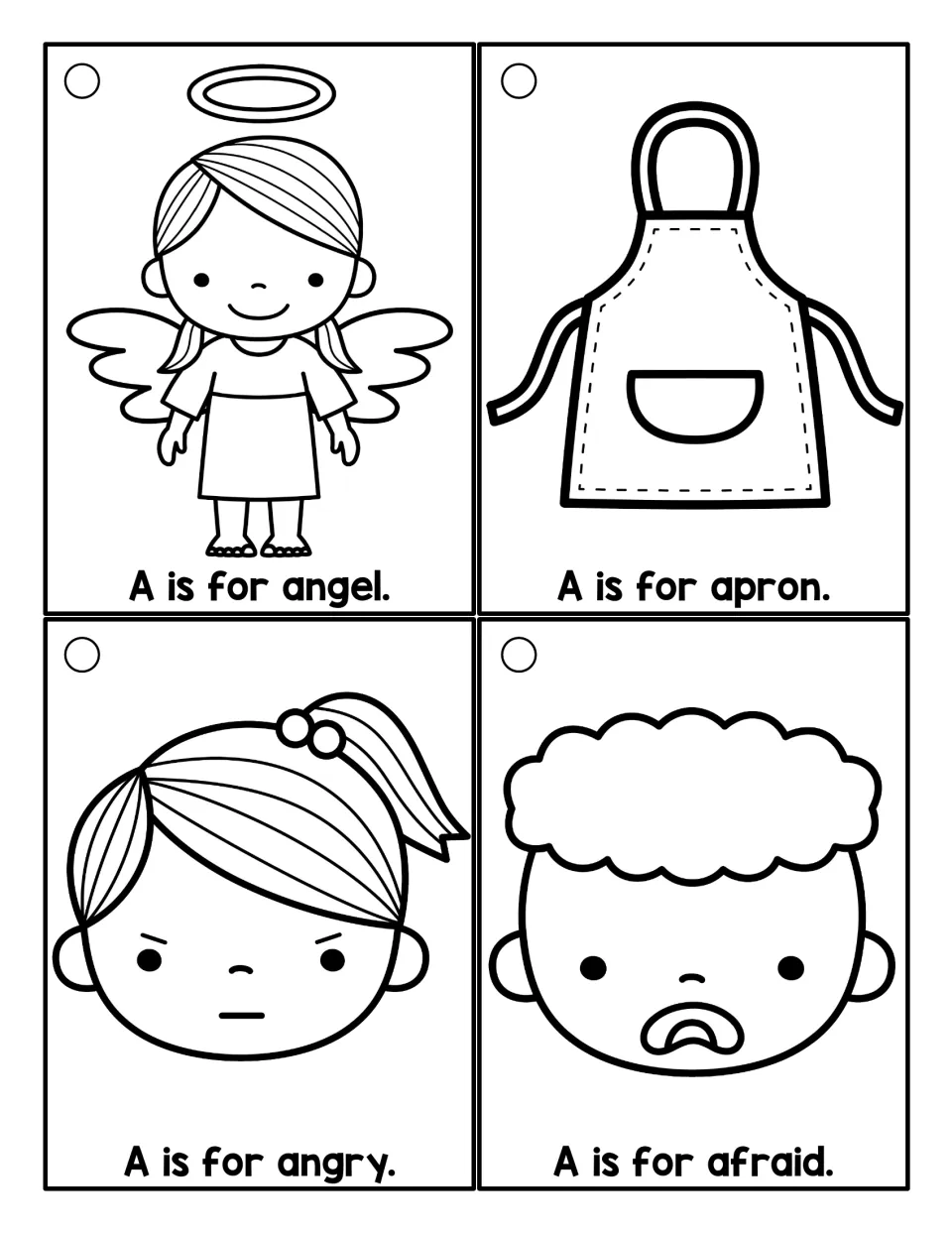Beginning A words to color: angel, apron, angry and afraid, with feeling faces and an "A is for" sentence on each card