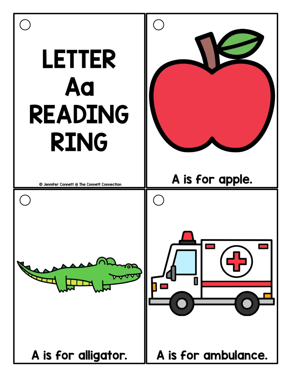 Full-color Aa title card with apple, alligator and ambulance cards; children read each "A is for" sentence aloud