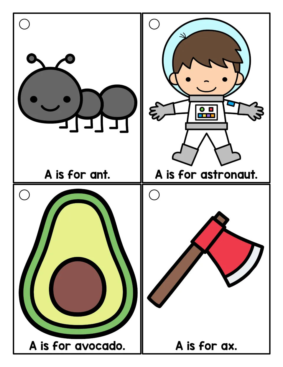Color A word cards for ant, astronaut, avocado and ax; students read each sentence naming the pictured A word