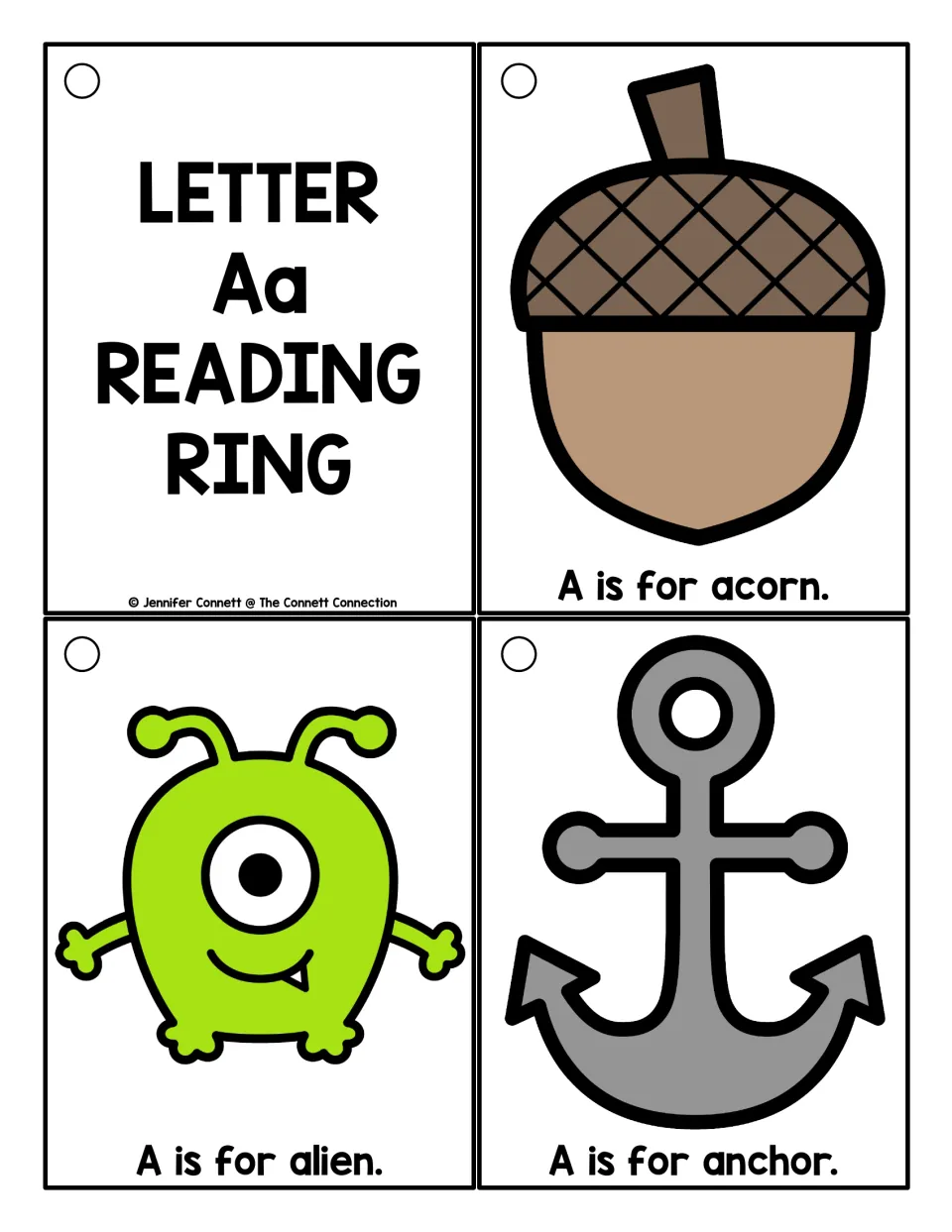 Color version of the second Aa title card with acorn, alien and anchor pictures, each labeled with an "A is for" sentence
