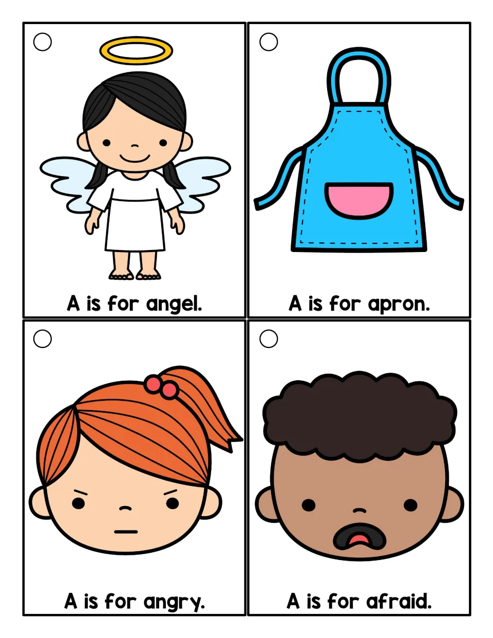 Color A cards showing an angel, an apron, an angry face and an afraid face, each with a sentence that starts "A is for"
