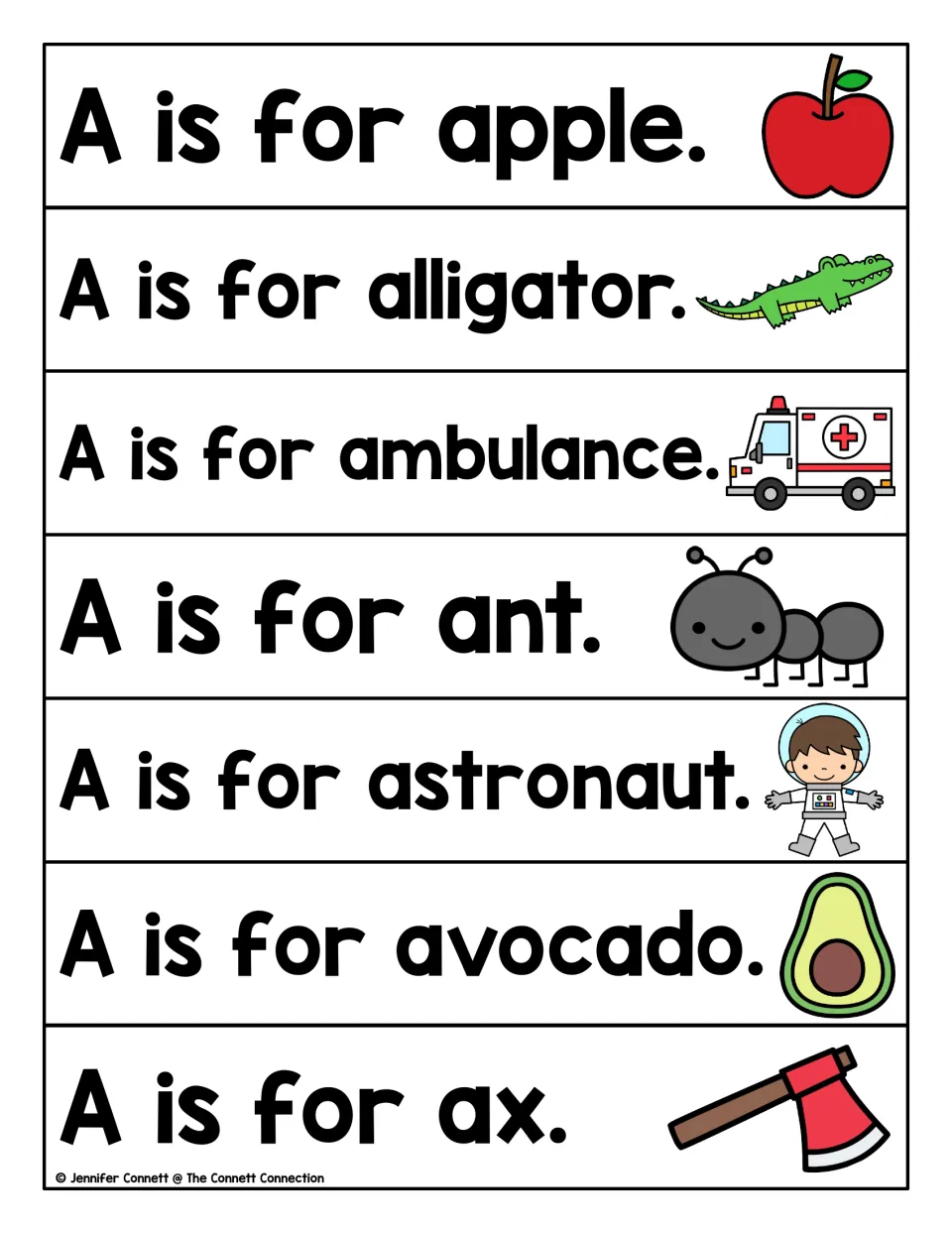 Letter A sentences: students read A is for apple, alligator, ambulance, ant, astronaut, avocado and ax with picture clues