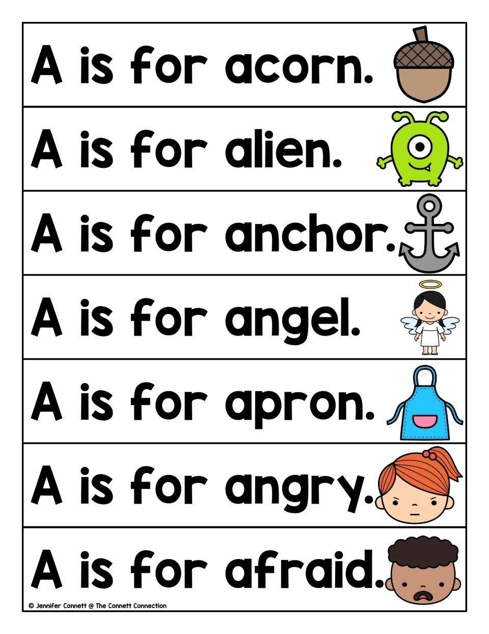 More letter A sentences: students read A is for acorn, alien, anchor, angel, apron, angry and afraid with picture clues