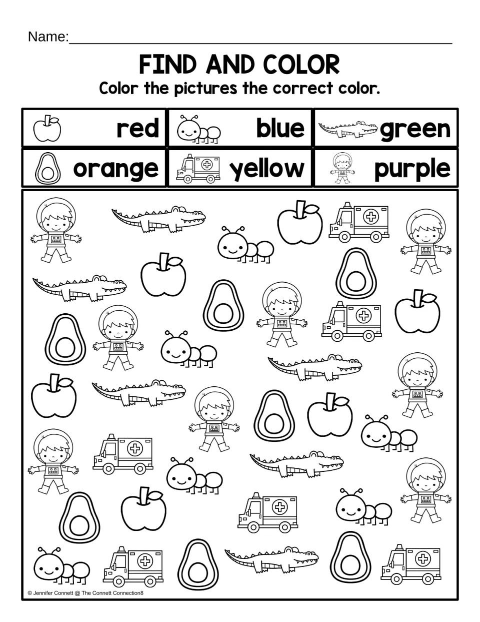 Find and color: students color apples, ants, alligators, avocados, ambulances and astronauts to match the color key