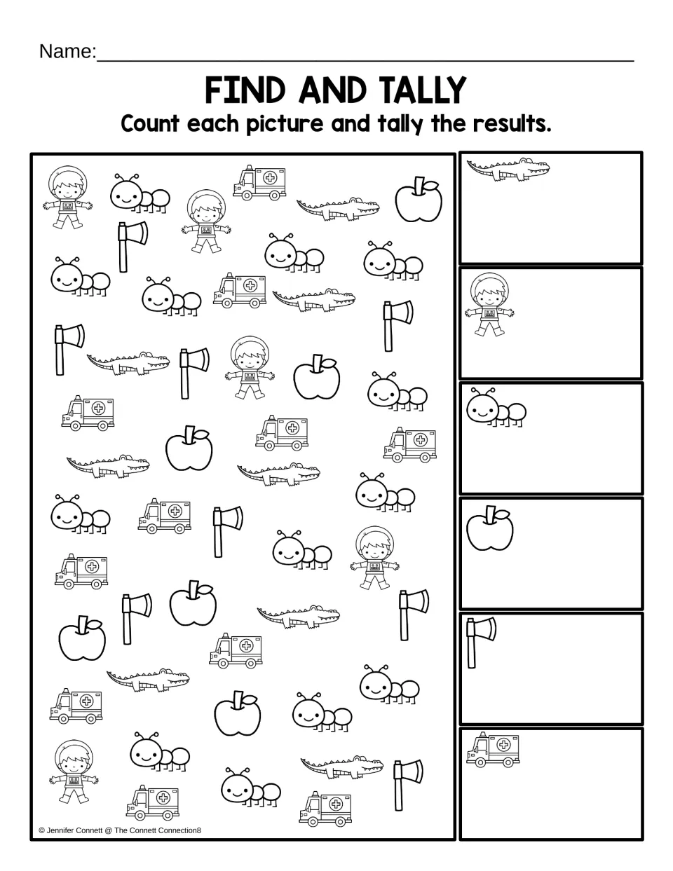 Find and tally: students count alligators, astronauts, ants, apples, axes and ambulances and tally each in a box