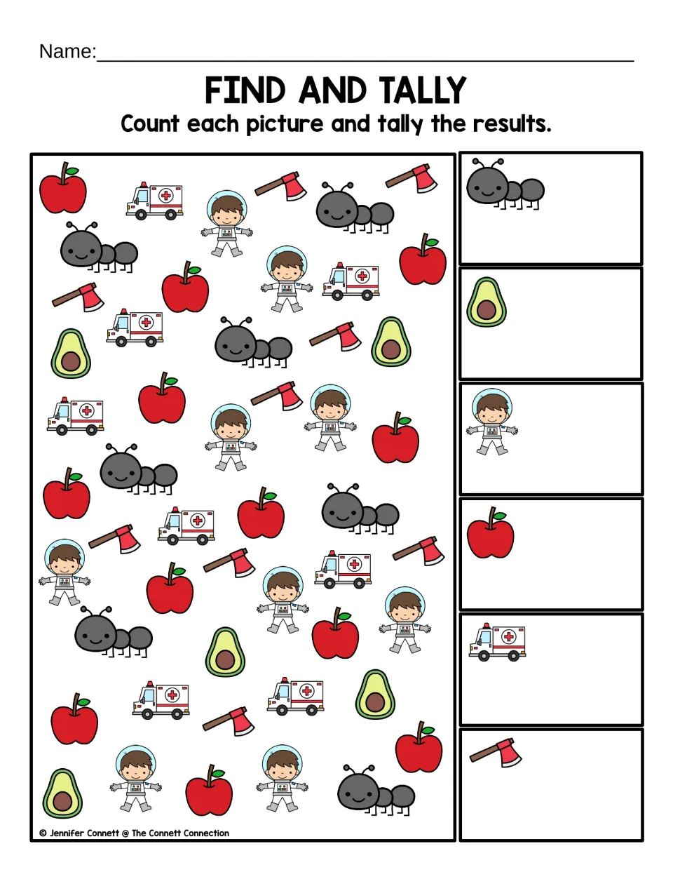 Find and tally in full color: students count ants, avocados, astronauts, apples, ambulances and axes and tally them