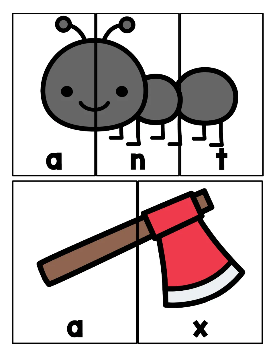 Short a word puzzles: students join strips to build the ant and axe pictures and spell a-n-t and a-x letter by letter