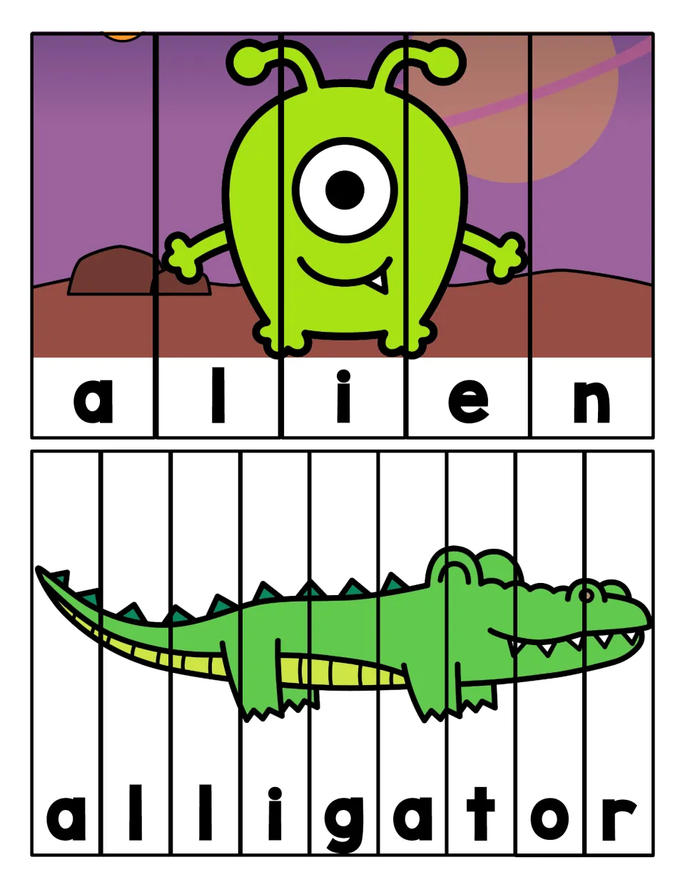 Longer letter a words: students order strips to rebuild an alien and an alligator picture while spelling each name