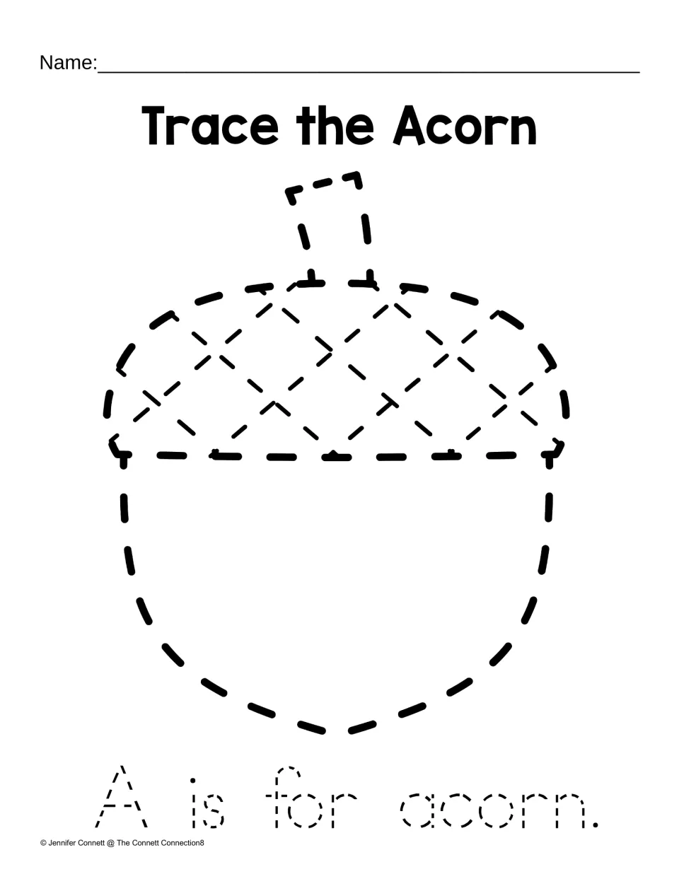 Trace the Acorn: students trace a dotted acorn drawing, then trace the sentence "A is for acorn." for letter A practice