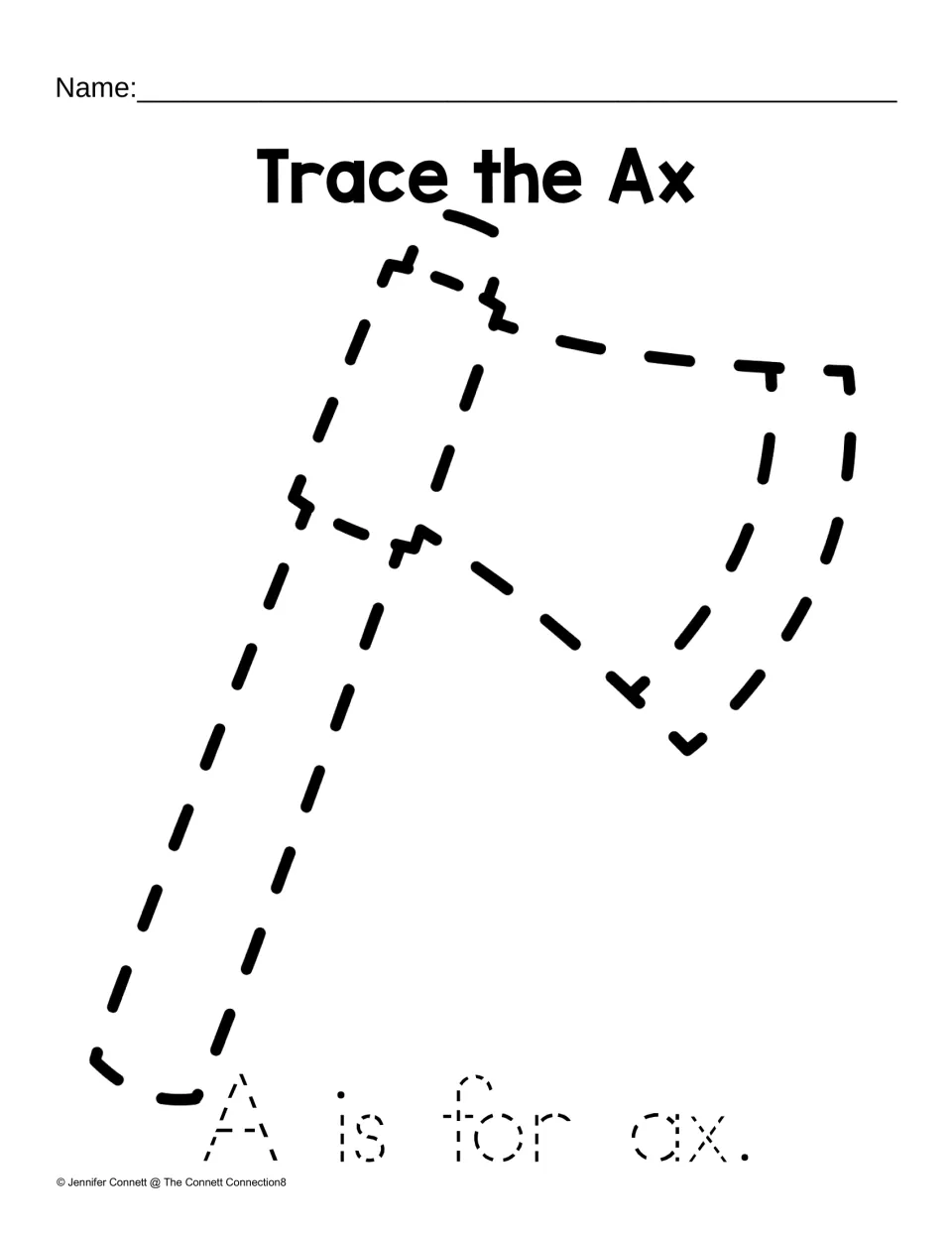 Trace the Ax: students trace a dotted ax shape and then the sentence "A is for ax." to practise forming capital A