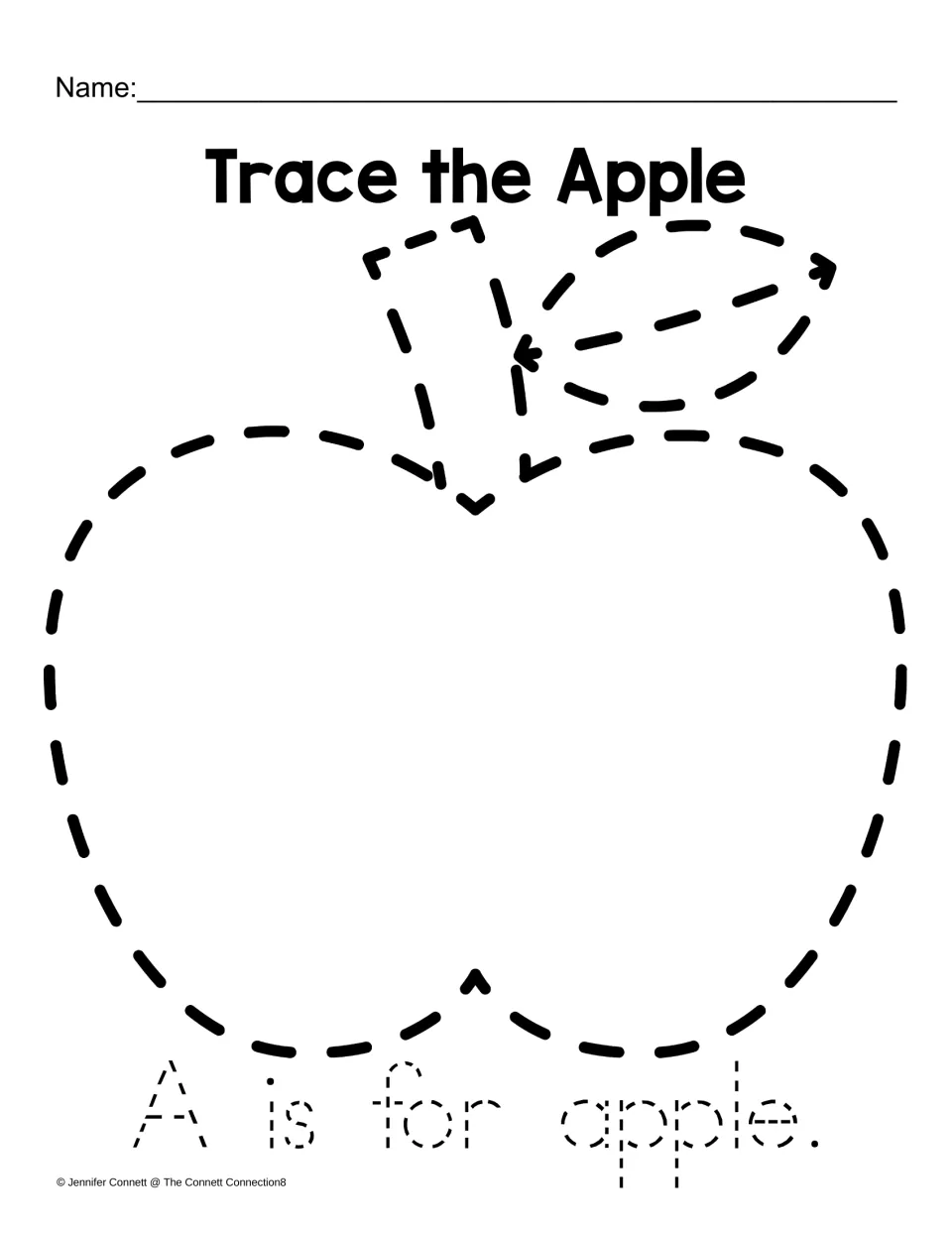 Trace the Apple: students trace a dotted apple with stem and leaf, then trace "A is for apple." to practise letter A