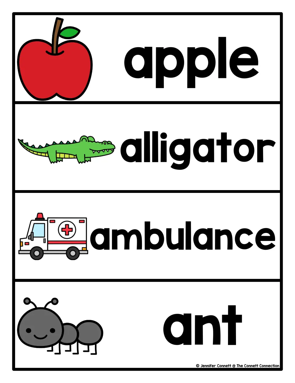 Letter A vocabulary cards: apple, alligator, ambulance and ant, each bold word paired with a picture for word recognition