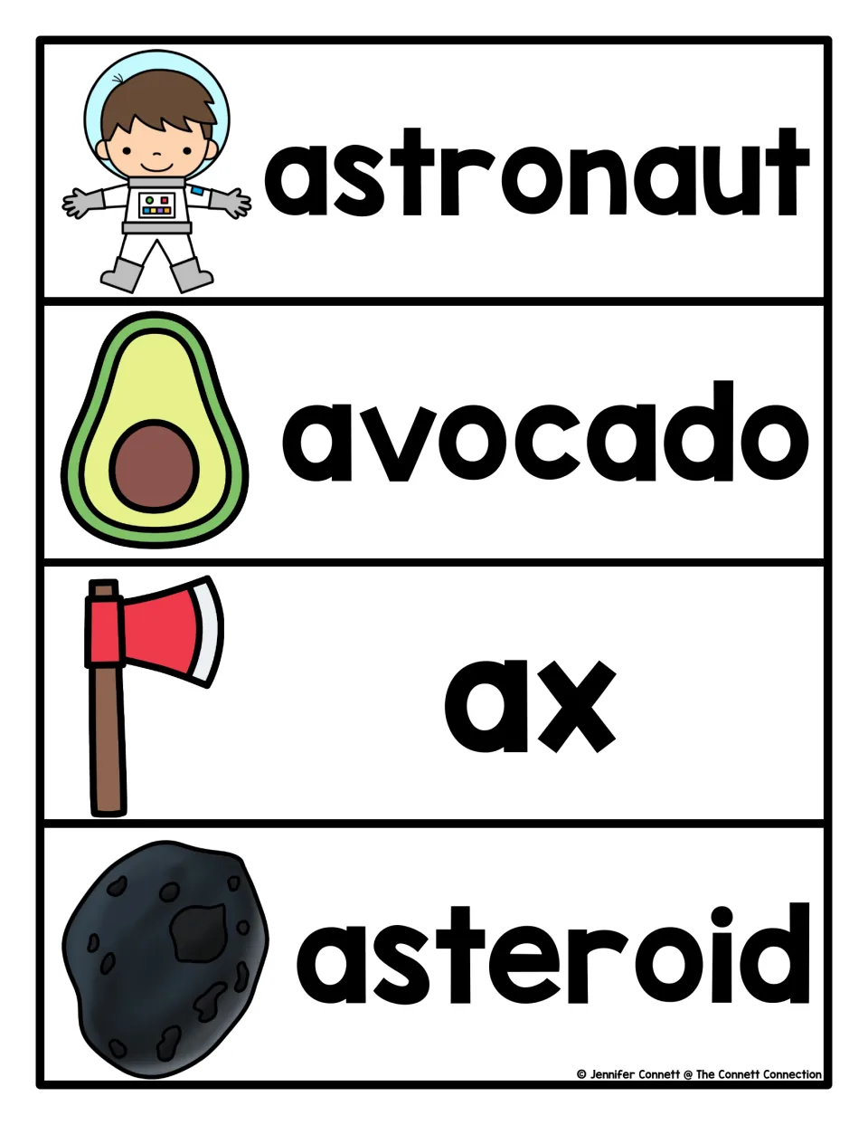 Letter A picture word cards for astronaut, avocado, ax and asteroid, each word shown beside a matching illustration