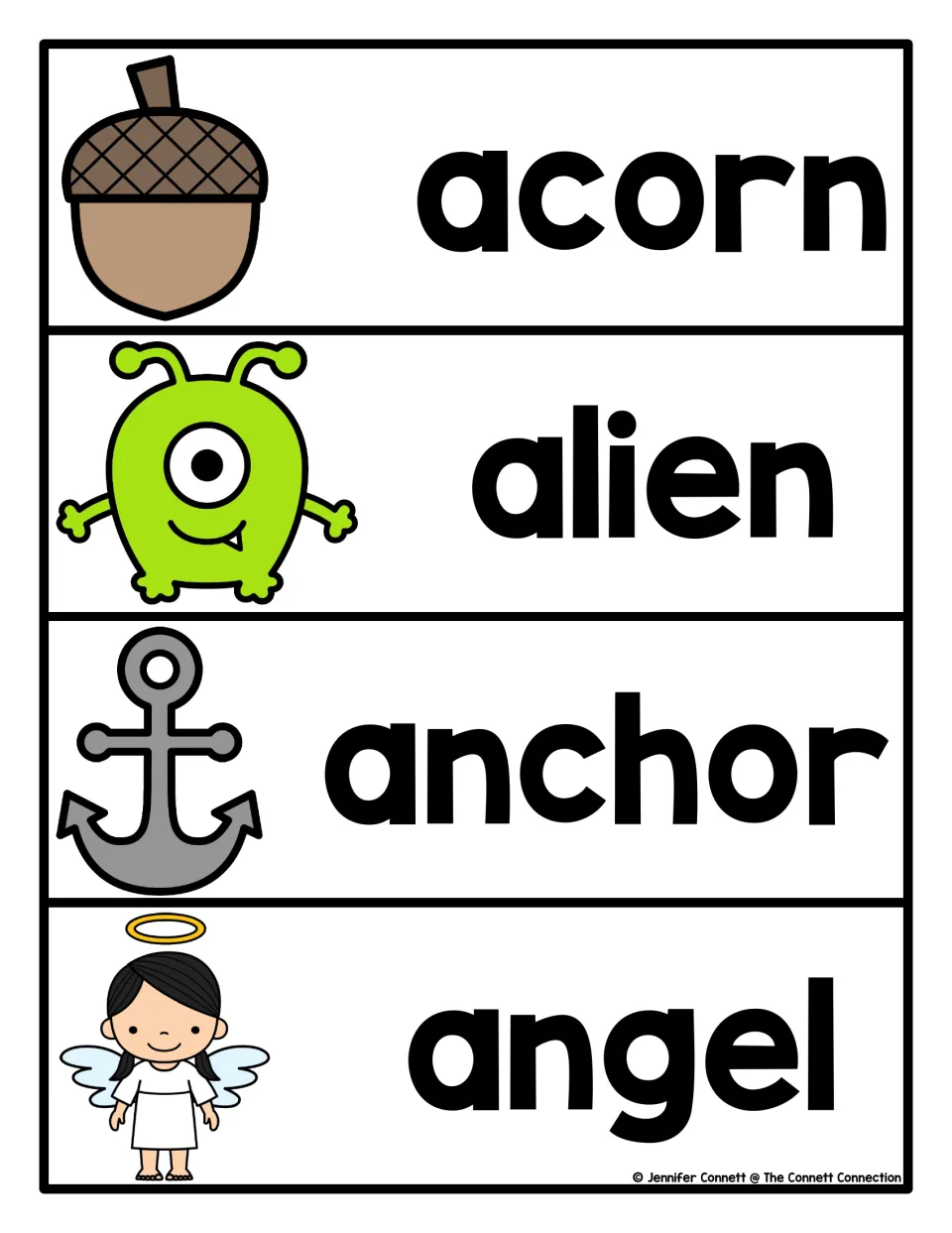 Vocabulary cards for acorn, alien, anchor and angel with pictures; students name each picture and read its A word