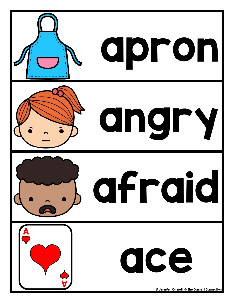 Letter A word cards for apron, angry, afraid and ace, with pictures of an apron, two feeling faces and an ace of hearts