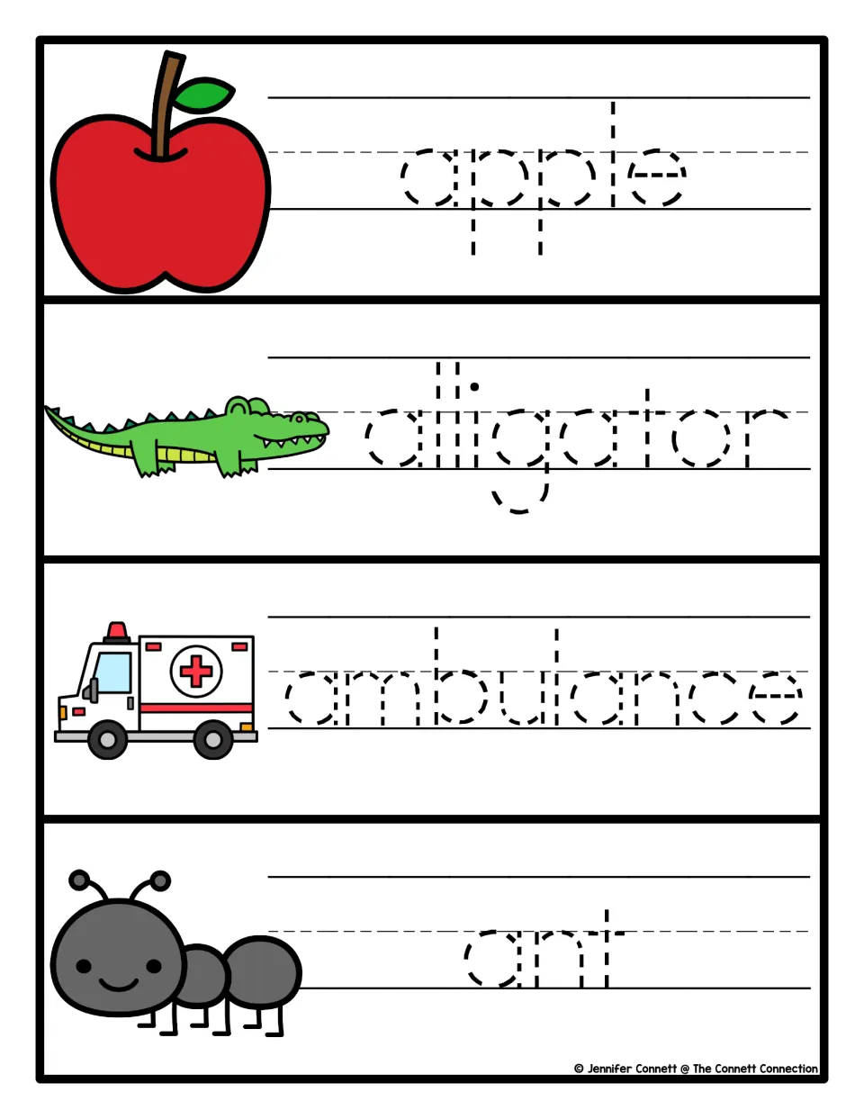 Handwriting practice: students trace dotted words apple, alligator, ambulance and ant beside each matching picture