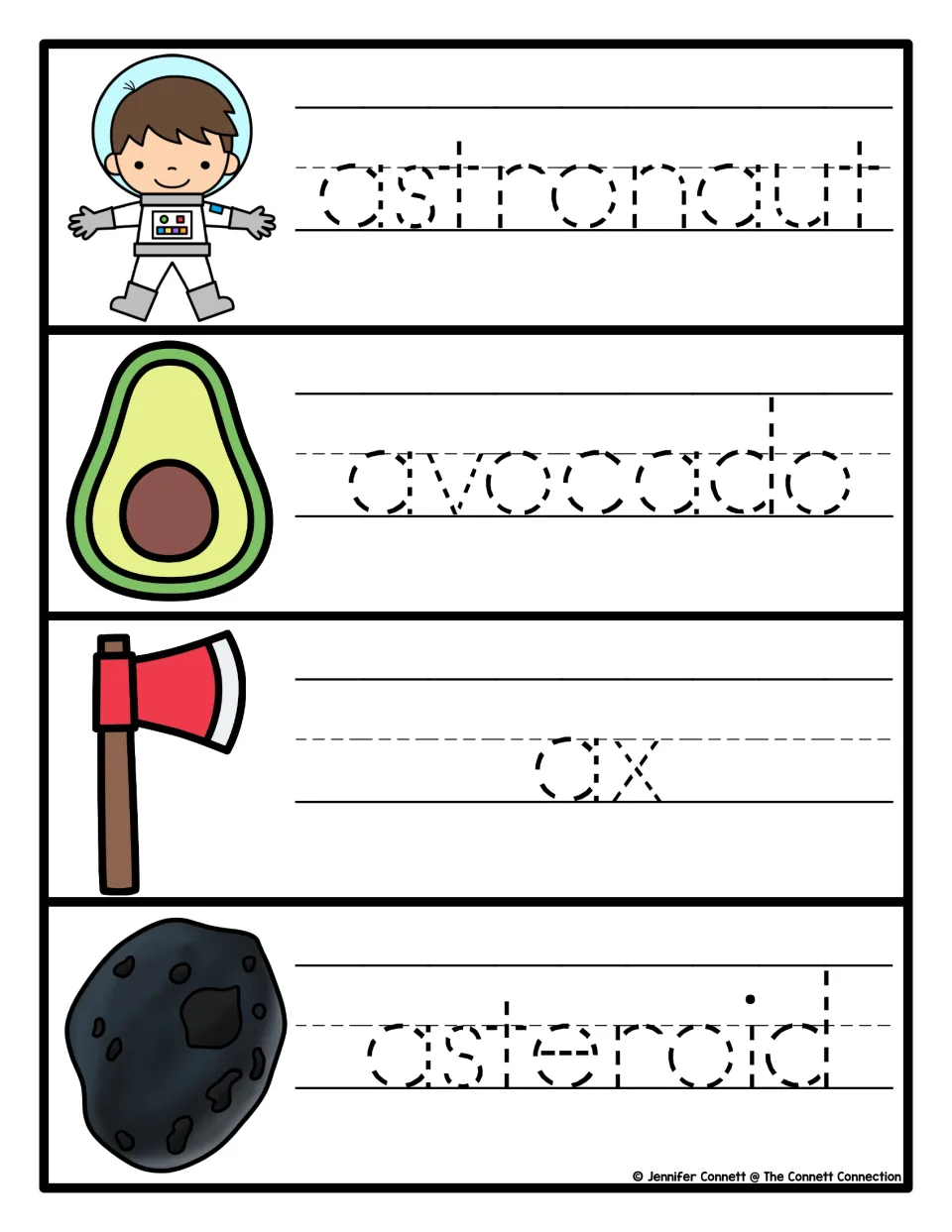 Tracing cards: students trace dashed letters to write astronaut, avocado, ax and asteroid next to matching pictures