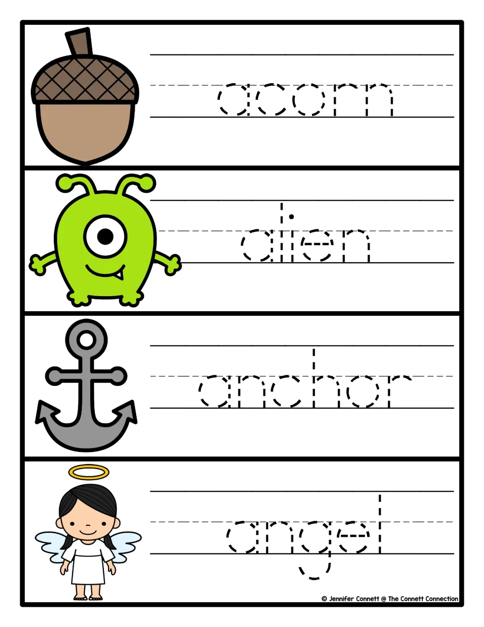 Letter A tracing practice: students trace the dashed words acorn, alien, anchor and angel beside each picture