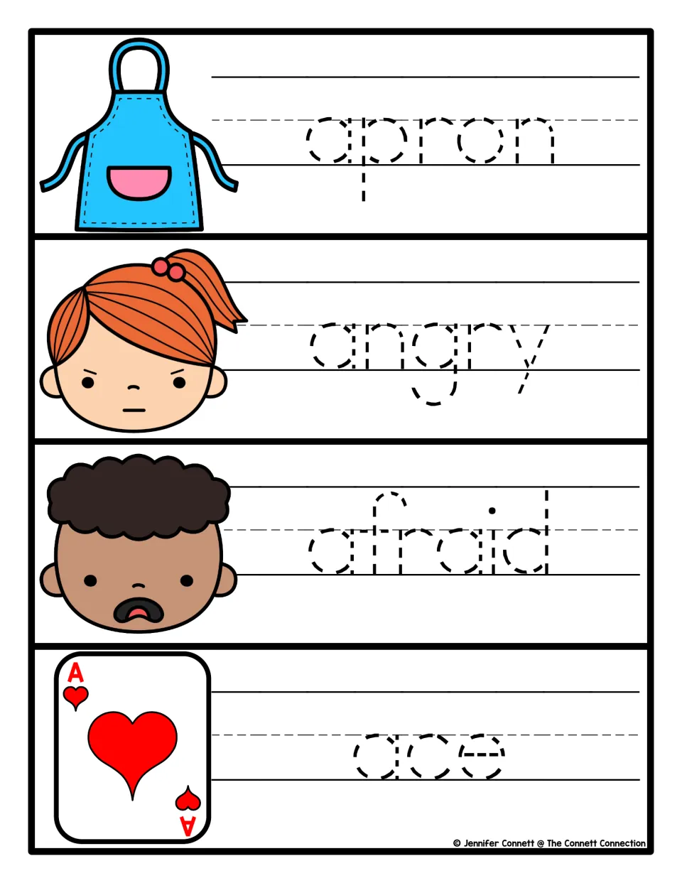 Word tracing for apron, angry, afraid and ace: students trace dashed lowercase letters next to each picture