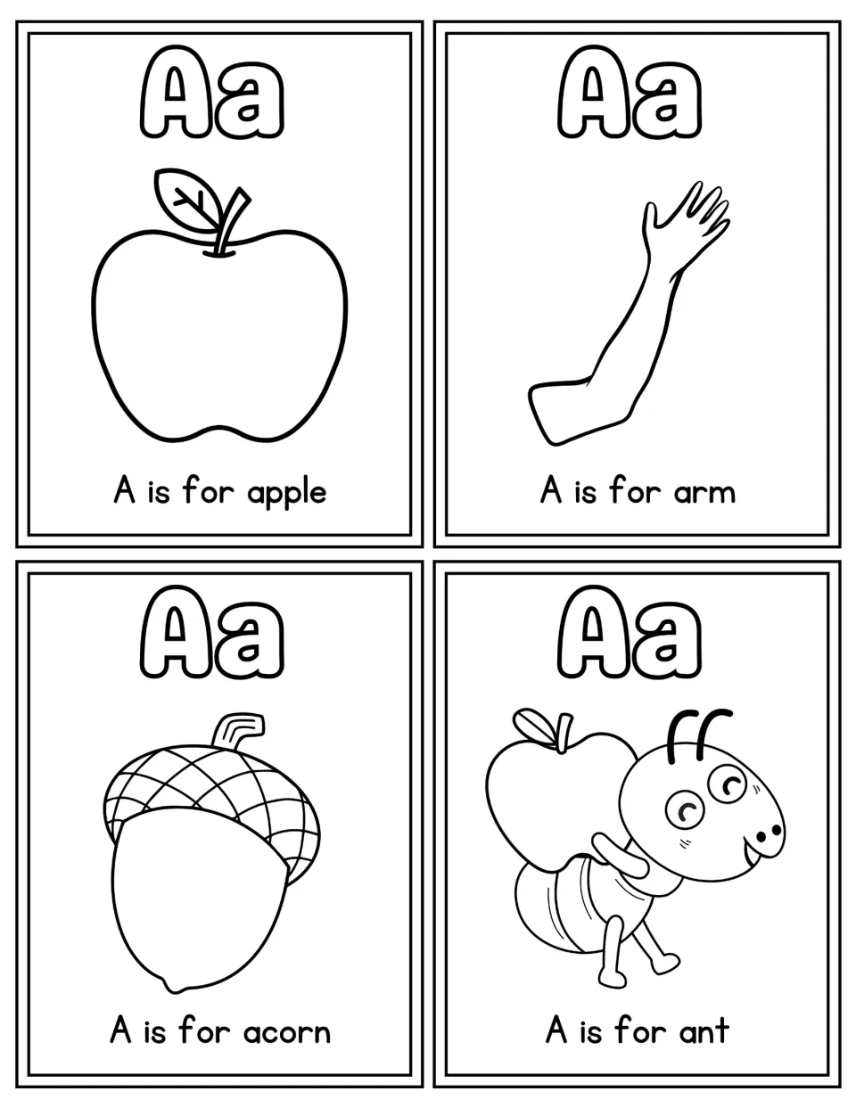 Letter A flashcards to color: four Aa cards reading A is for apple, arm, acorn and ant, each with a line drawing to color